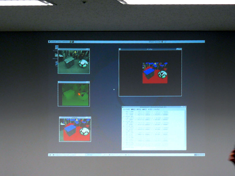 二眼カメラがとらえた映像と、それを処理した3種類の映像とコンソール画面を映した画面