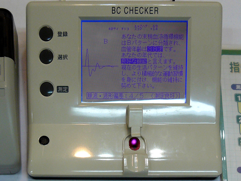 血管年齢測定器BCチェッカー。表示されているのが記者の測定結果