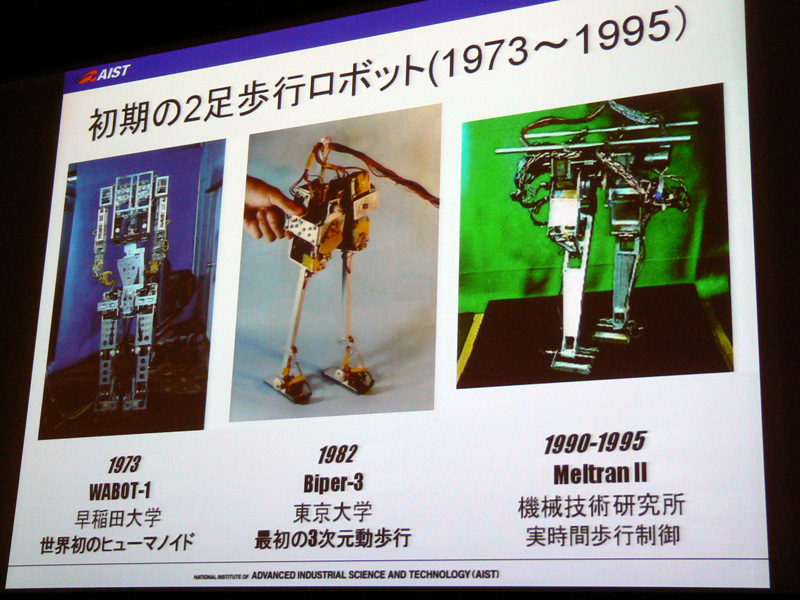 初期の二足歩行ロボット。右端は梶田氏が研究開発した「Meltran II」