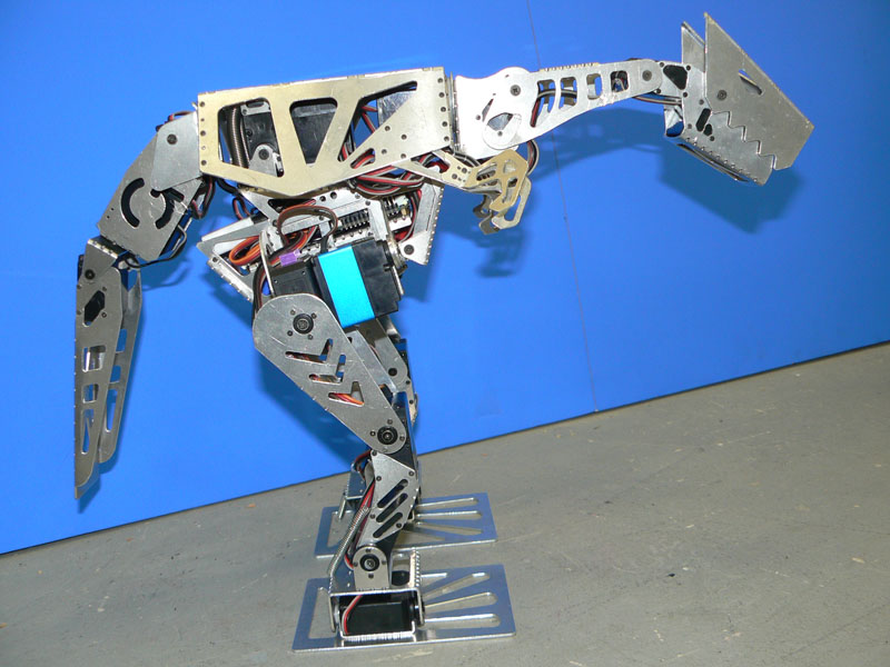 恐竜型ロボットのギャラピー(ペーター氏：大阪産業大学テクノフリーク部)。歩行のためにバランスを取るのが難しかったという
