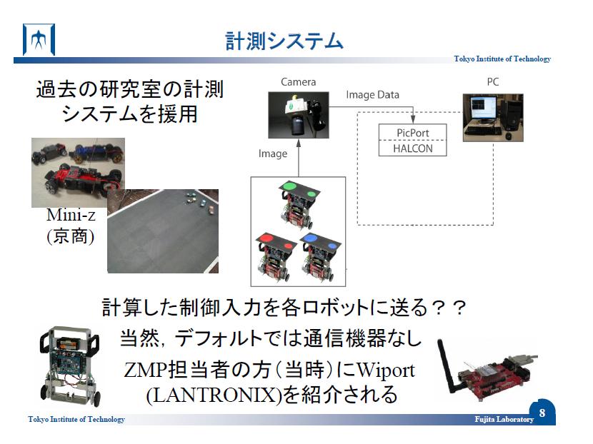 【写真36】複数ロボットの協調制御実験システム。フィールド上部にカメラを設置し、その画像情報をPCで処理し、抽出情報をもとに制御入力を計算。その結果を無線通信を介してロボットに送信して制御する仕組み。画像処理にはHALCONのライブラリーを利用