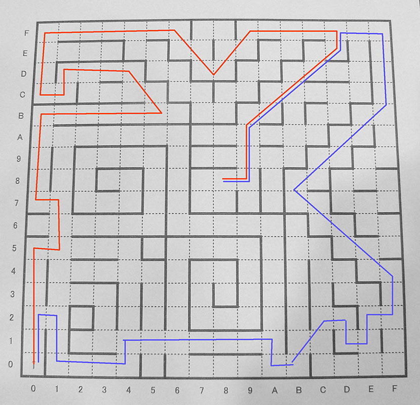 【図2】エキスパートクラス予選迷路。赤が58歩31折、青は60歩43折