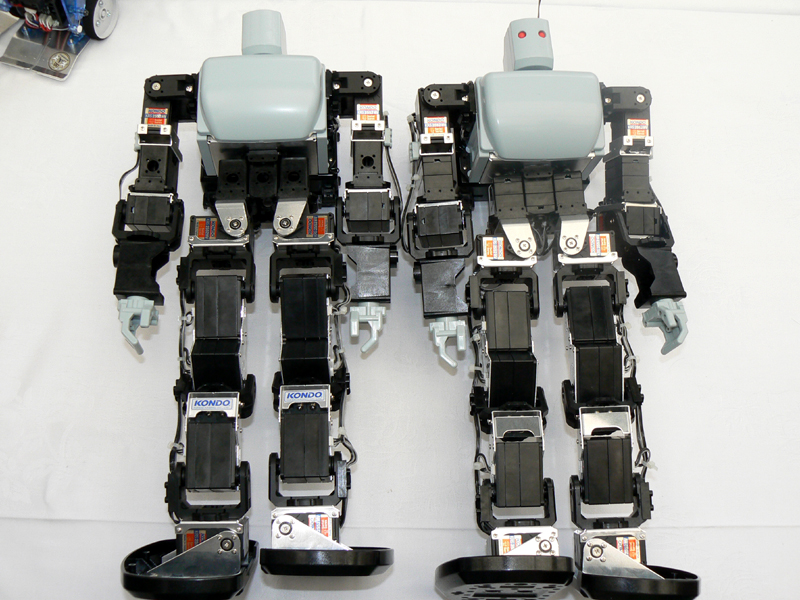 左がノーマルのKHR-3HV。右がサーボモーターを5個追加して22軸にアップグレードしたもの。軸数が増えても身長や外見は変わらない。なお、目にもLEDが追加されている