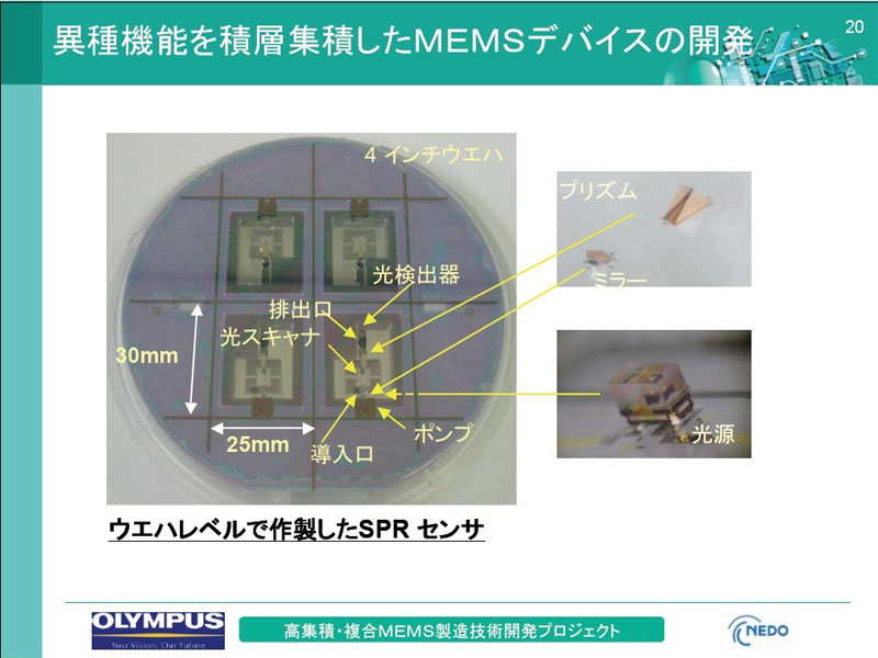 試作したMEMSバイオセンサーの外観。直径4インチ(約100mm)のウェハーに4個のMEMSバイオセンサーを作製した