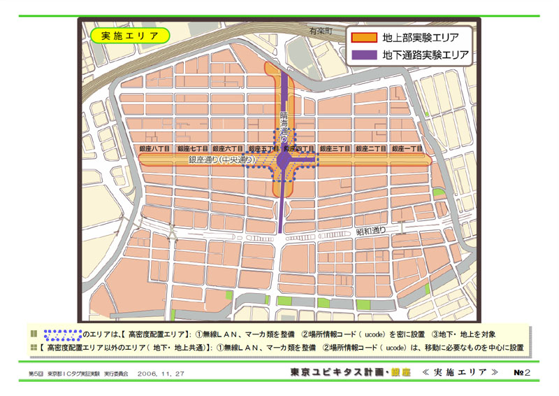 銀座実験エリアの地上と地下の詳細マップ。第5回東京都ICタグ実証実験実行委員会資料より