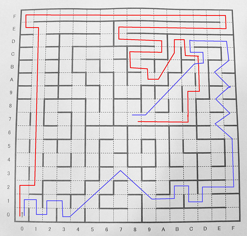 【図3】エキスパートクラス決勝迷路。赤が69歩25折、青は59歩49折